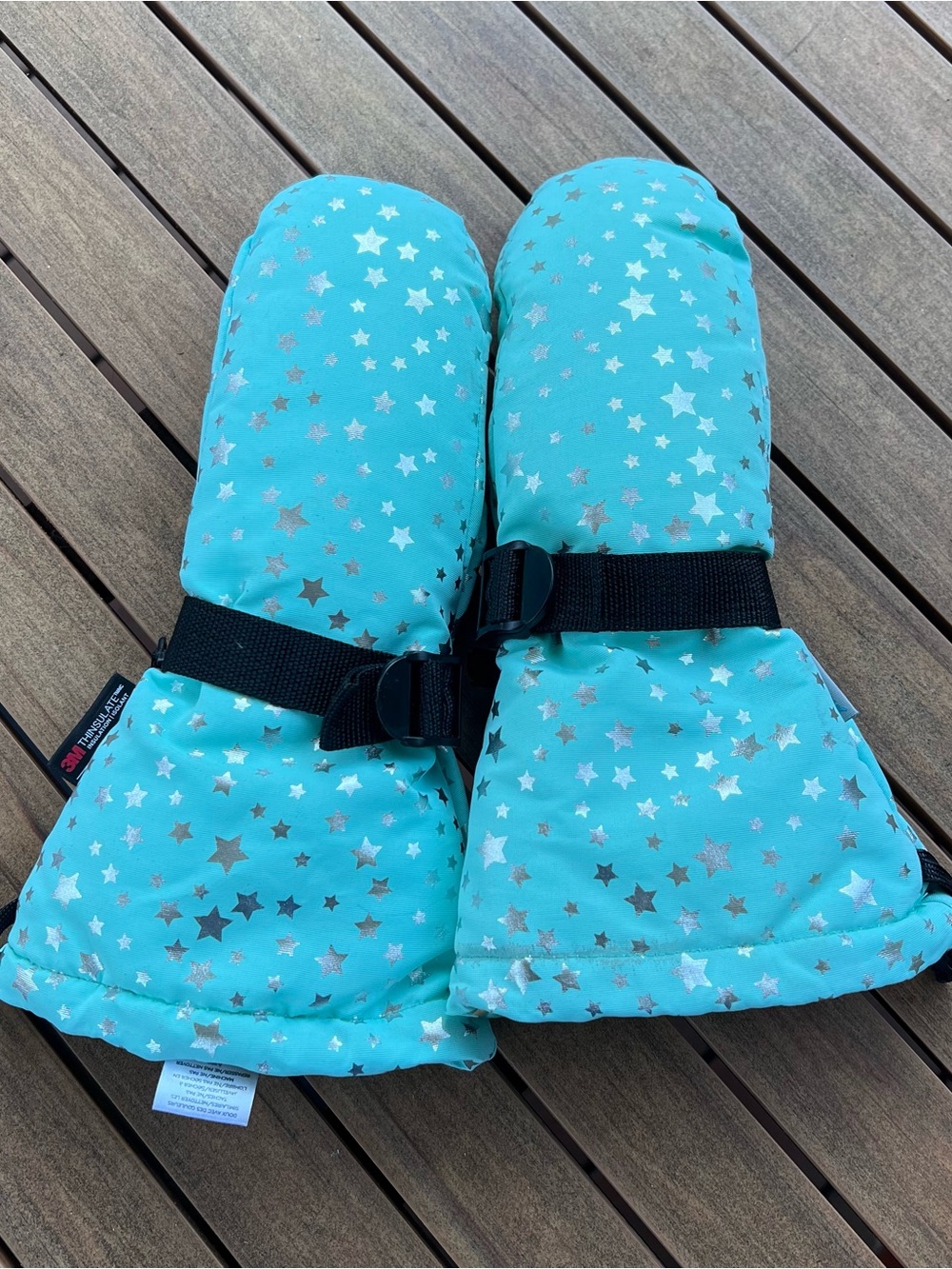 Jan & Jul Mittens Kids Teal Silver Stars Snow Winter Mittens Like New Medium